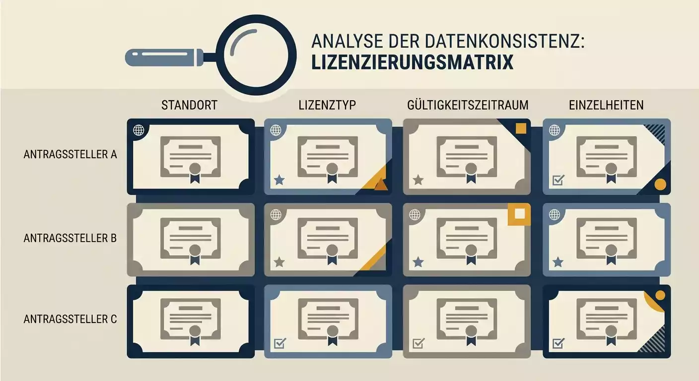 Visualisierung uneinheitlicher Lizenzangaben zwischen Curacao und Anjouan in Anbieter-Vergleichstabellen