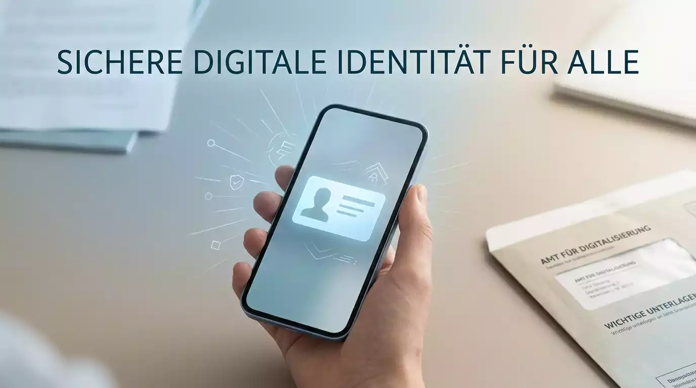 Abstrakte Darstellung eines Smartphones mit einem Ausweis-Symbol als Sinnbild für das BundID-Verfahren