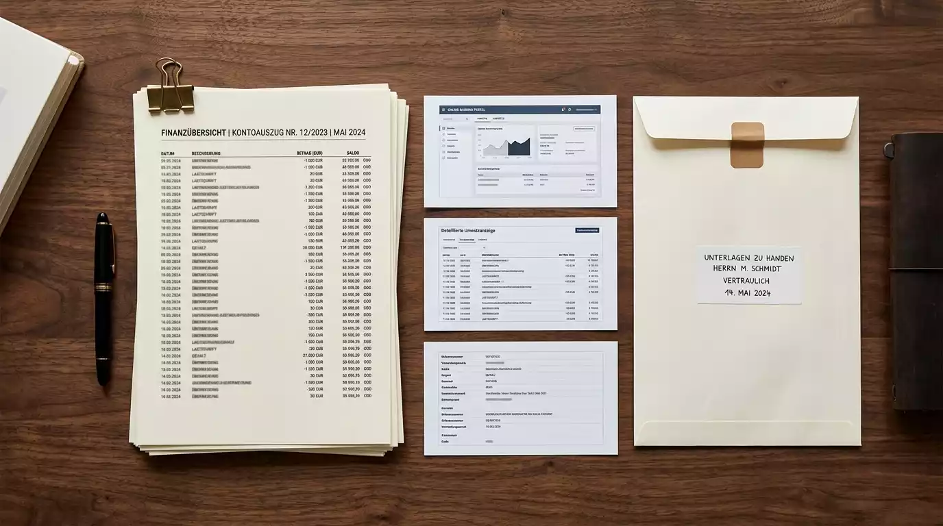 Stapel aus Kontoauszügen, Screenshots und E-Mail-Ausdrucken als Symbol für Beweissicherung bei einer Rückforderungsklage