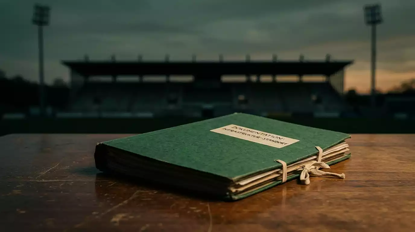 Symbolische Darstellung eines BGH-Urteils im Sportwetten-Komplex mit Stadionsilhouette im Hintergrund und Aktenmappe im Vordergrund