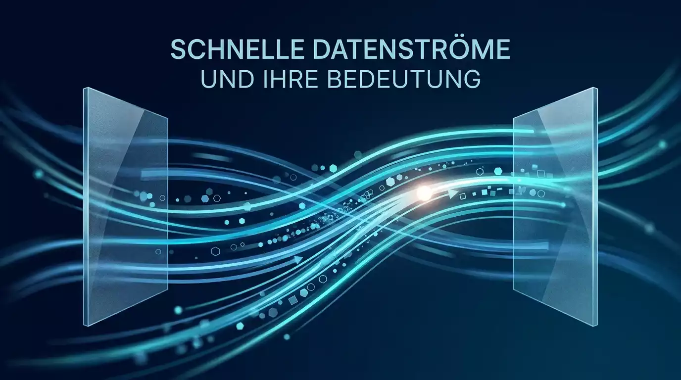 Visualisierung eines Echtzeit-Datenflusses zwischen Spielanbieter und zentraler Datenbank in blauen Lichtspuren