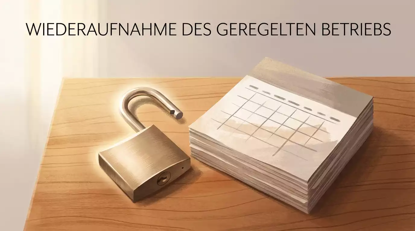 Stilisierte Darstellung eines aufgehobenen Schlosses neben einem Kalender als Sinnbild für die Wiederaufnahme nach Sperraufhebung