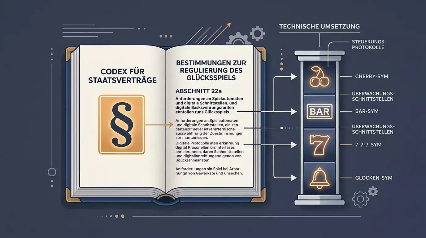 Aufgeschlagenes Gesetzbuch mit hervorgehobenem Paragrafenzeichen für § 22a Glücksspielstaatsvertrag 2021 und einer stilisierten Slot-Walze daneben