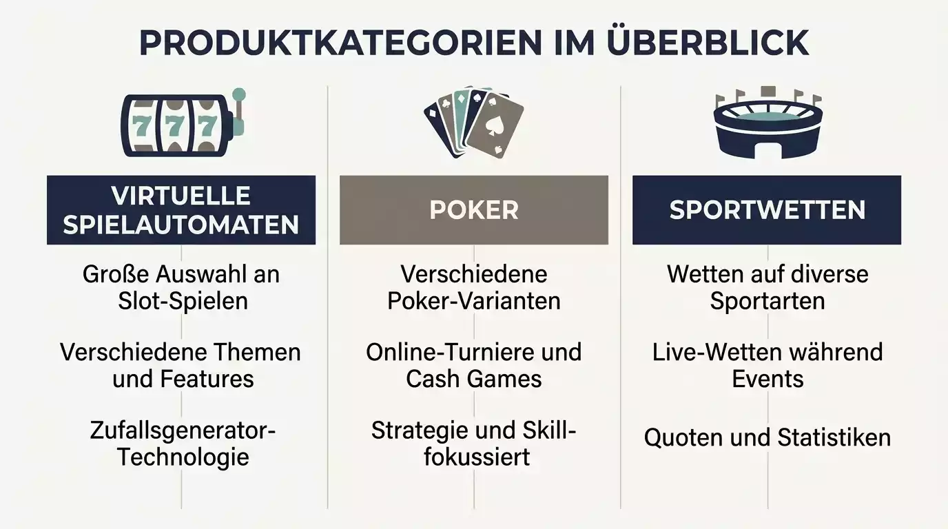Schematische Darstellung dreier nebeneinander stehender Säulen für virtuelle Automatenspiele, Online-Poker und Sportwetten als die drei Produktkategorien mit GGL-Erlaubnis