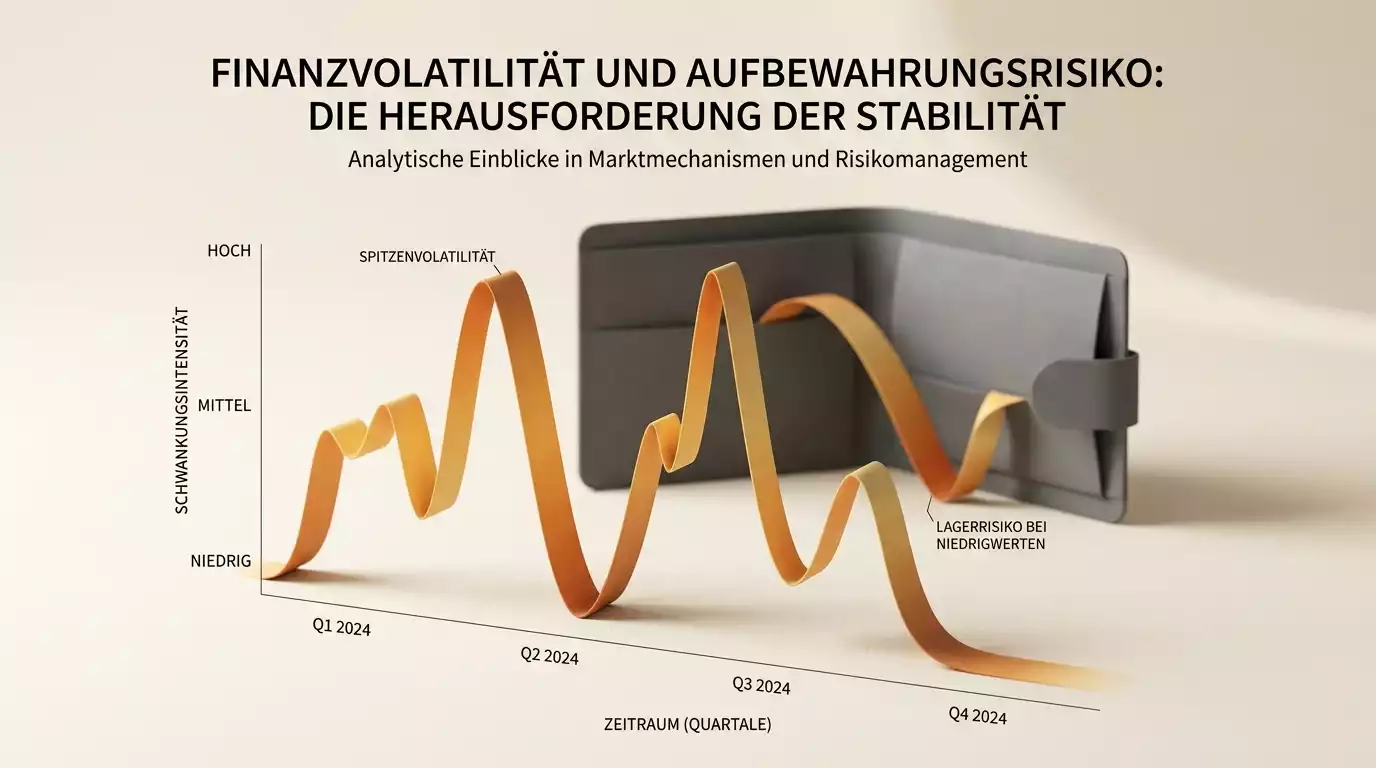 Stilisierte Darstellung einer Kurve mit starken Auf- und Abwärtsbewegungen vor einem abstrakten Wallet-Symbol als Sinnbild für Krypto-Volatilität