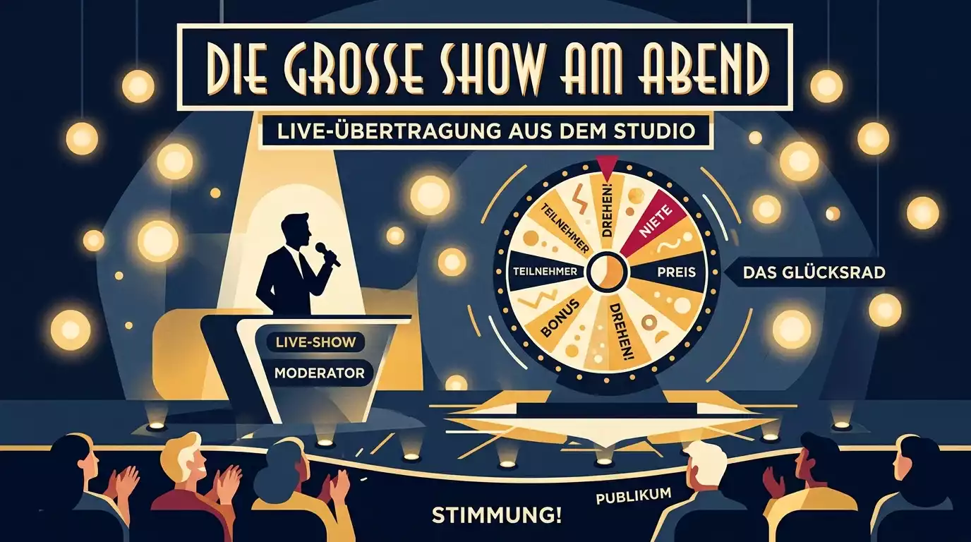 Stilisierte Darstellung eines Live-Casino-Studios mit einem grossen Rad im Hintergrund und einer Moderationsfigur an einem Tisch als Symbol für Live-Game-Shows