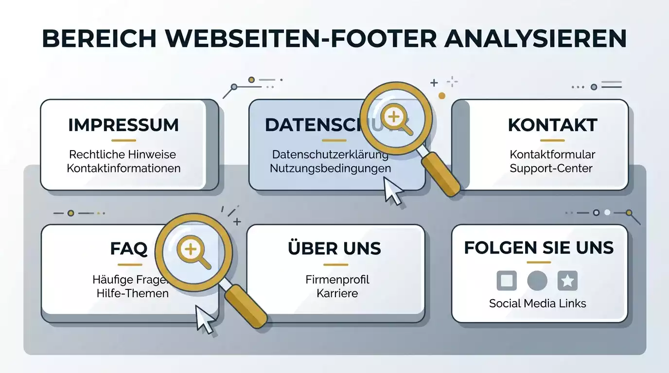 Schaubild der typischen Footer-Elemente einer Casino-Website mit hervorgehobenen Prüfpunkten für Lizenzangaben