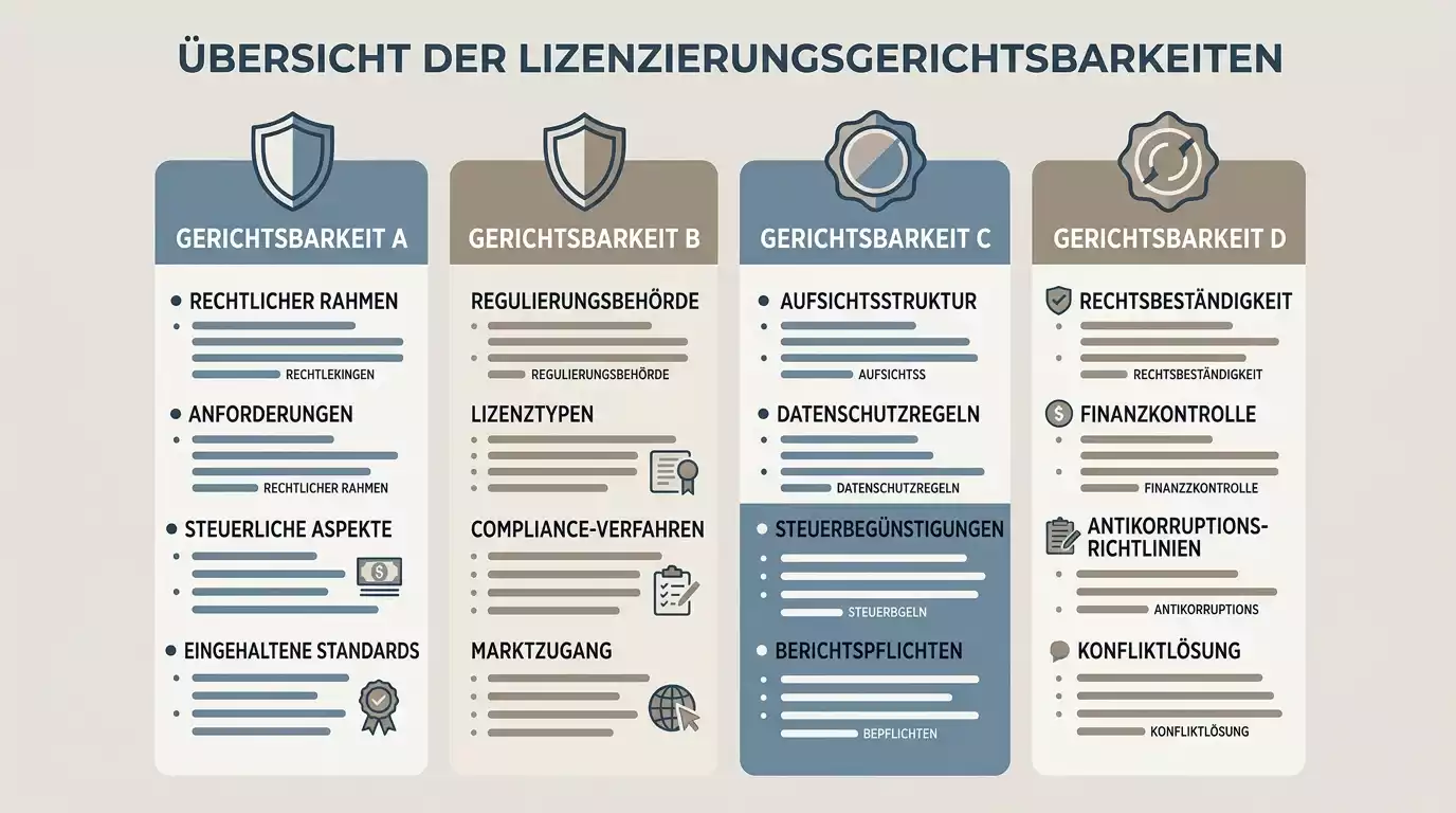 Tabellenähnliche Aufschlüsselung der vier Lizenzkategorien mit jeweiligen Aufsichtsbehörden und Spielerschutzmerkmalen