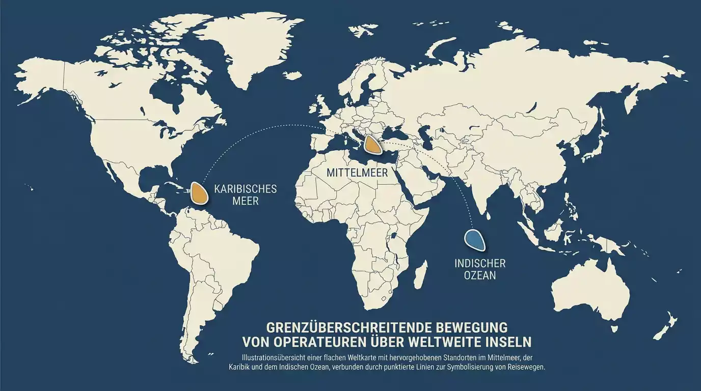Karte mit den drei Lizenzjurisdiktionen Malta, Curacao und Anjouan im Indischen Ozean und in der Karibik