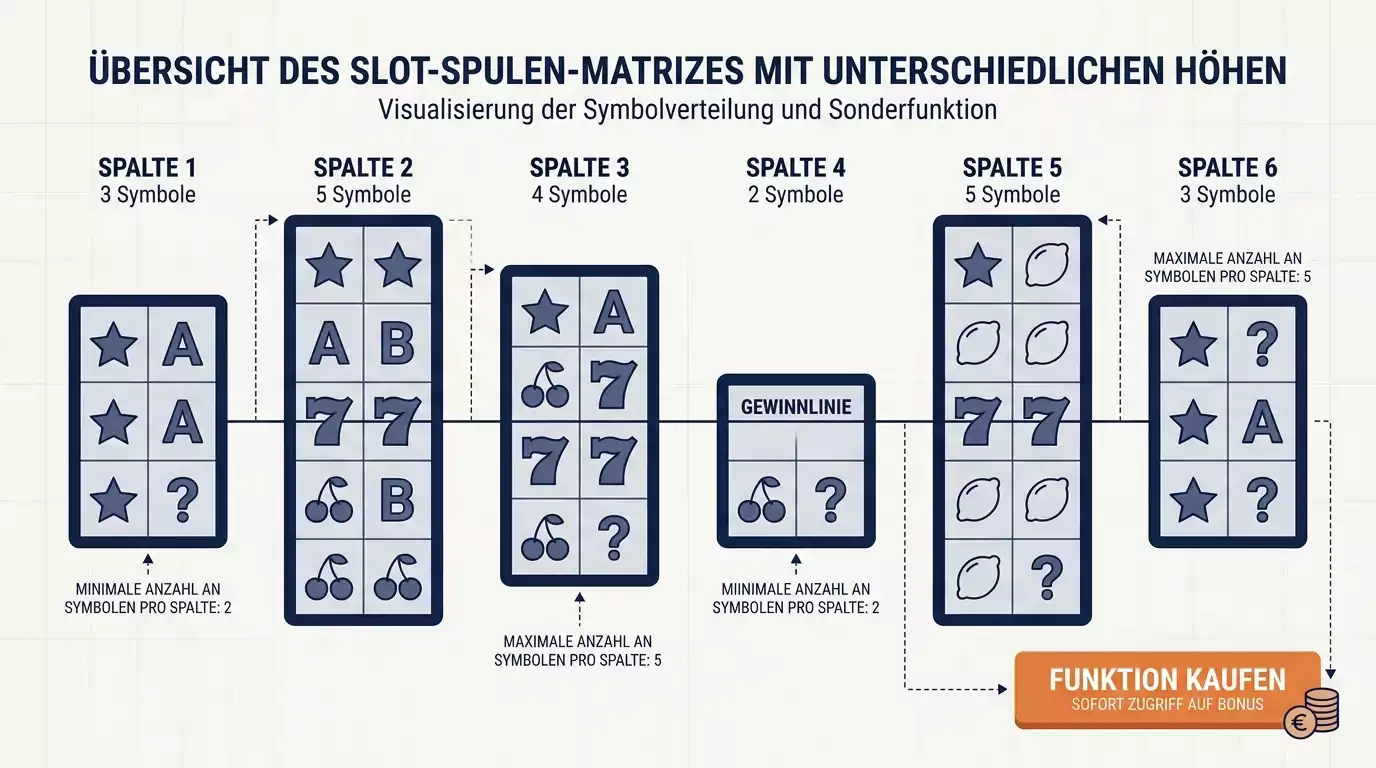 Schematische Darstellung einer Slot-Walzenmatrix mit variabler Anzahl Symbole pro Reihe und einem hervorgehobenen Kauf-Button als Symbol für Megaways-Slots und Bonus-Buy-Mechaniken