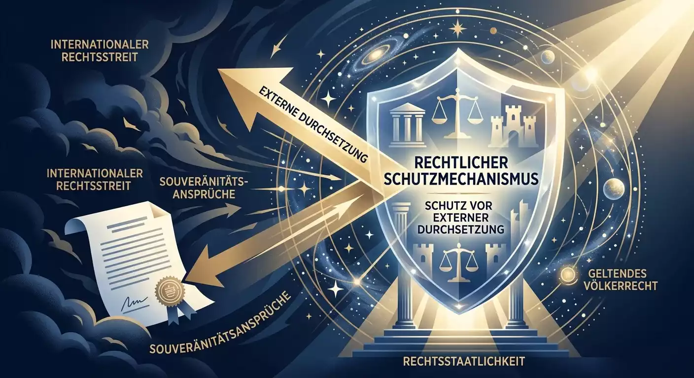 Symbolische Darstellung des maltesischen Bill 55 als Schutzschild gegen ausländische Vollstreckung mit EU-Sternenkranz im Hintergrund
