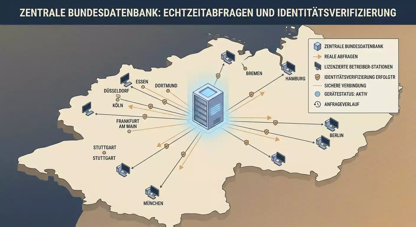 Schematische Darstellung der bundesweiten OASIS-Datenbank mit Echtzeit-Abfragen vor Spielstart