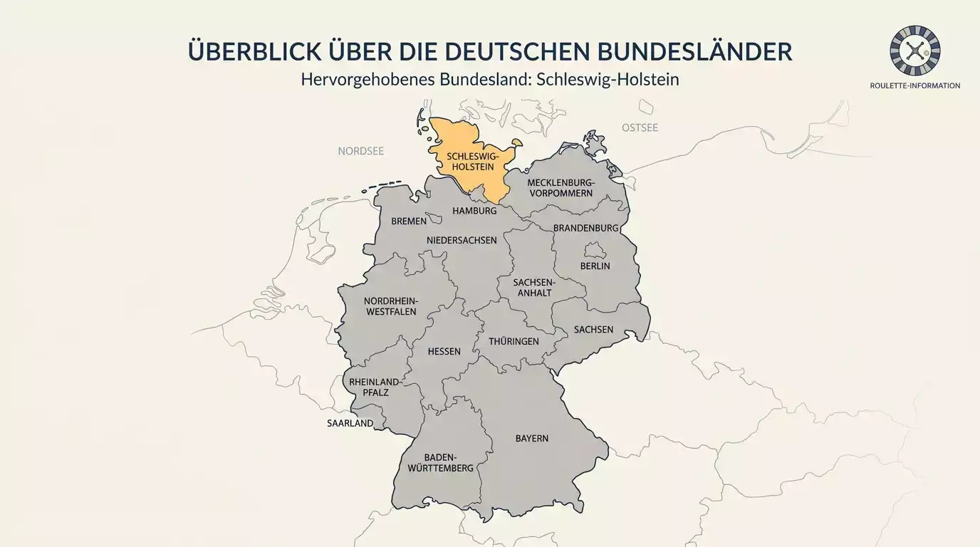 Stilisierte Deutschlandkarte mit hervorgehobenem Bundesland und einem Roulette-Symbol als Hinweis auf die föderale Zuständigkeit für Online-Tischspiele nach § 22c des Glücksspielstaatsvertrags