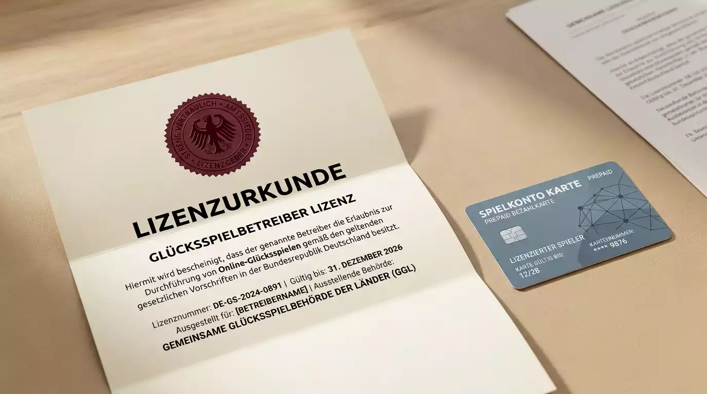Abstrakte Darstellung einer Lizenz-Urkunde neben einem Prepaid-Symbol als Sinnbild für die Akzeptanz bei lizenzierten Anbietern