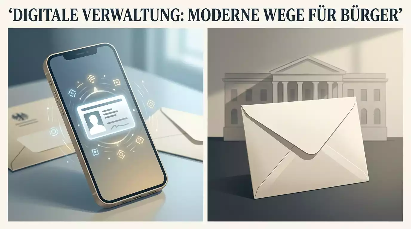 Konzeptionelle Darstellung eines Briefumschlags vor einem stilisierten Behördengebäude als Verweis auf den postalischen Antragsweg