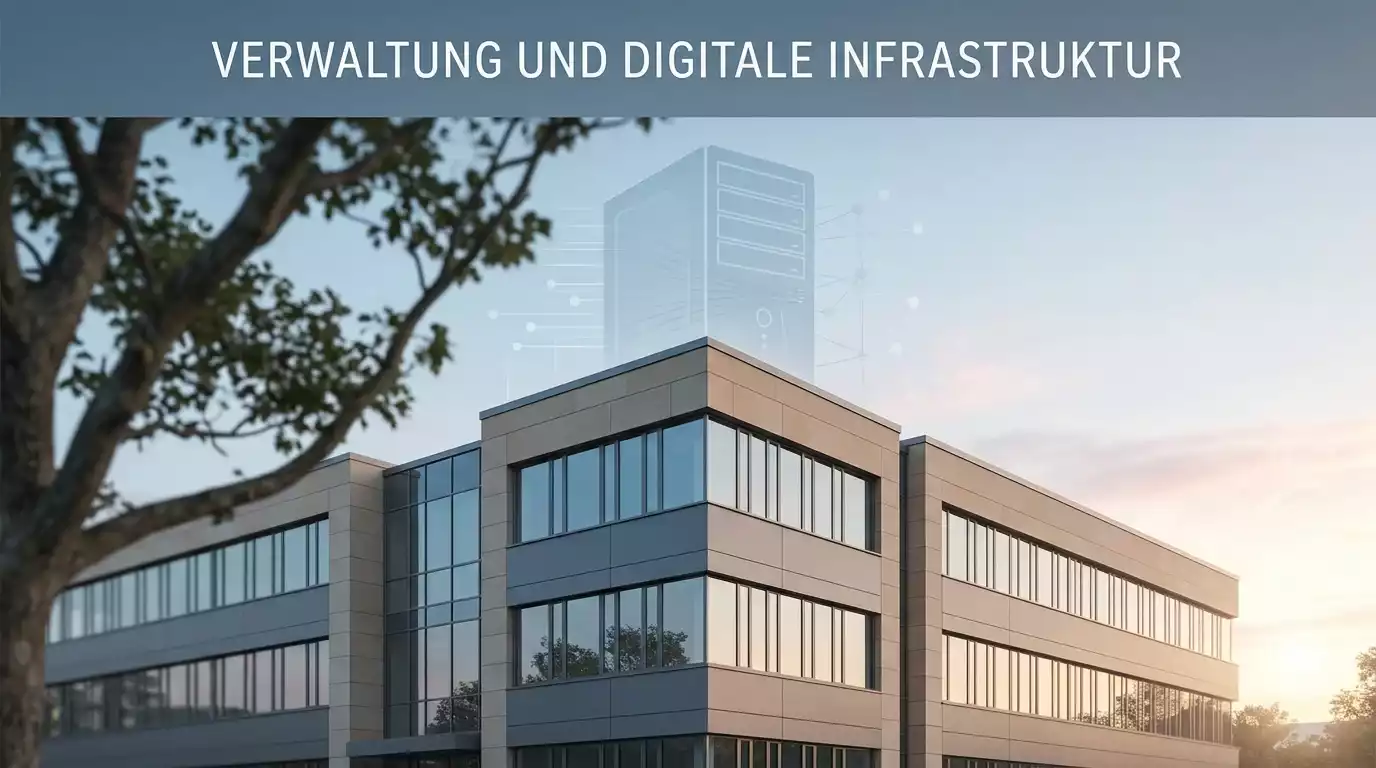 Symbolische Darstellung eines deutschen Verwaltungsgebäudes mit Datenbankserver-Icons als Verweis auf das RP Darmstadt