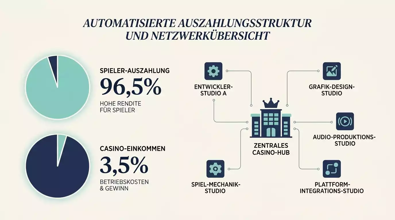 Vergleichende Tortendiagramm-Darstellung von Auszahlungsquoten neben einer schematischen Karte verschiedener Software-Provider als Symbol für die Provider-Struktur im Online-Glücksspiel