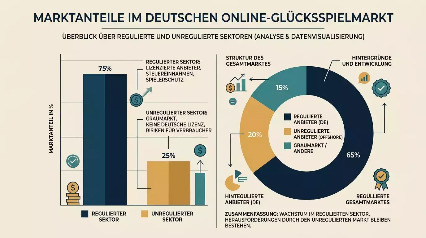 Diagrammartige Visualisierung der Marktanteile zwischen legalem und illegalem Online-Glücksspiel in Deutschland