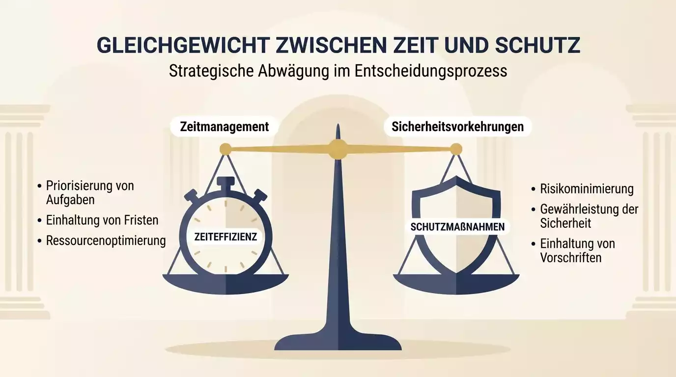 Symbolische Waage mit einer Stoppuhr auf der einen und einem stilisierten Schutzschild auf der anderen Seite als Hinweis auf das Gleichgewicht zwischen Spielmechanik und Spielerschutz