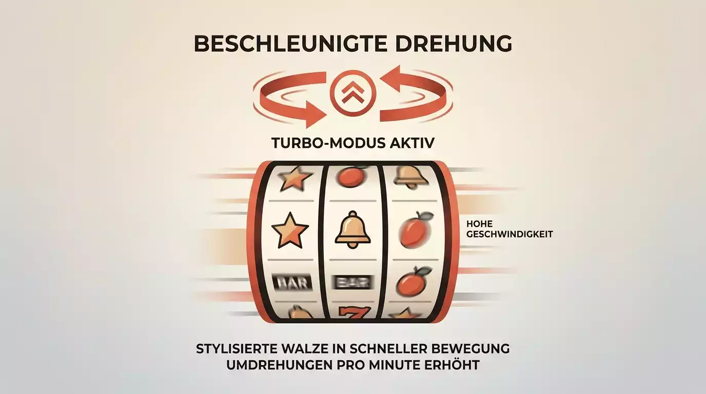 Symbolische Darstellung einer Slot-Walze in Bewegung mit zwei kreisenden Pfeilen und einem Turbo-Symbol als Hinweis auf schnellere Spins ausserhalb der GGL-Lizenz